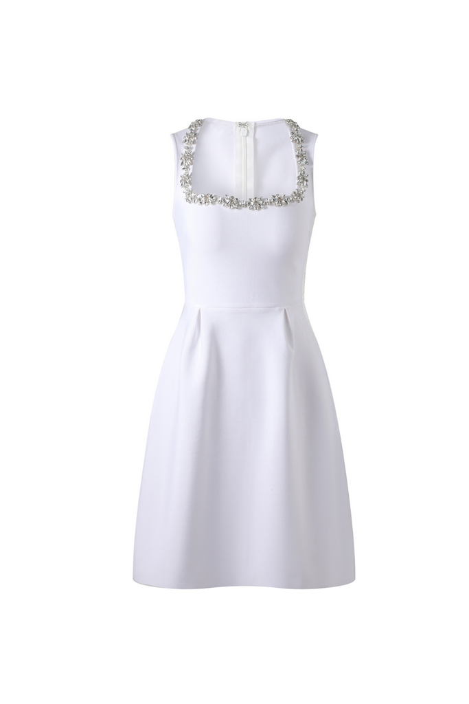Shop  white dress - Perfect for special occasions | roxanne square neck crystal embellished mini dress in white