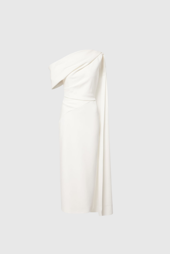 Stylish white dress | Candidus Shawl Ruch Asymmetric Midi Dress In White - Ideal for special occasions