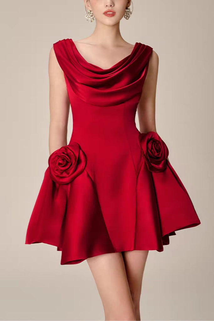 3d flower Pleated Sleeveless Mini Dress - Stylish beautiful dress for special occasions | Buy Online