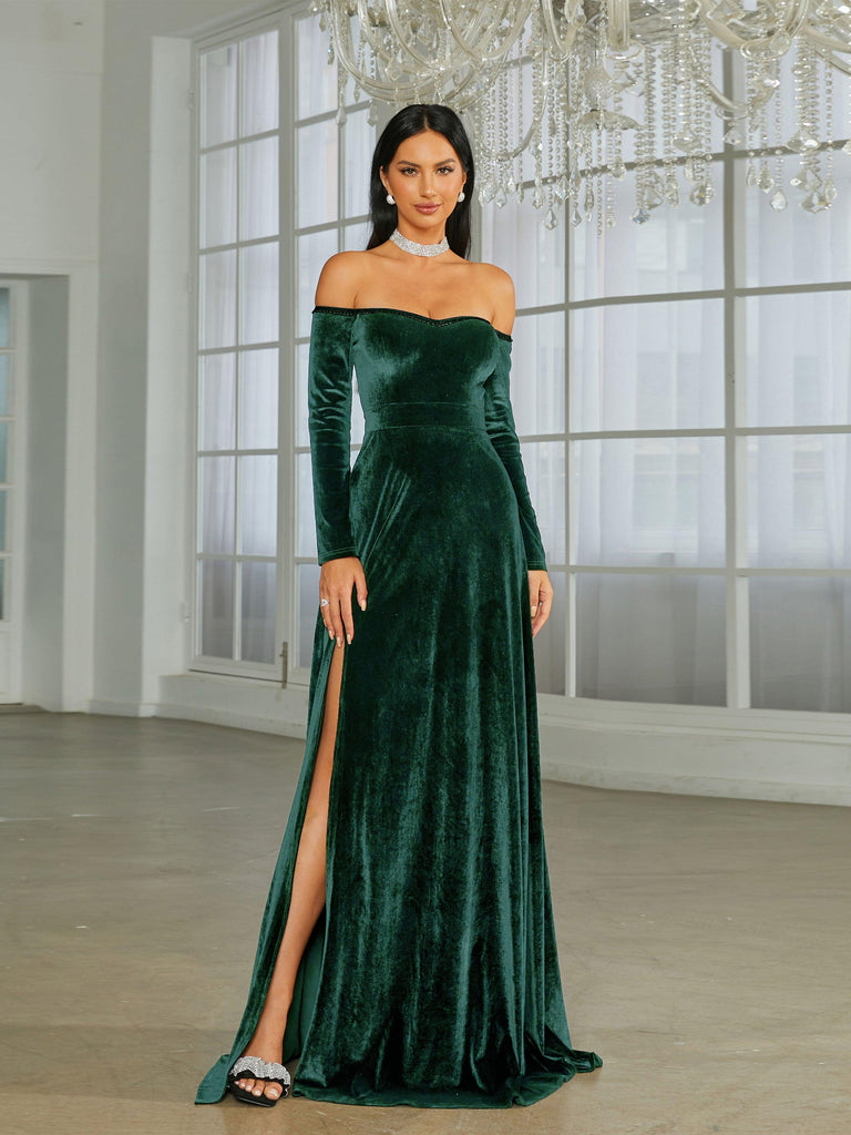 Stylish black dress | Off Shoulder Split Black Velvet Evening Dress - Ideal for special occasions