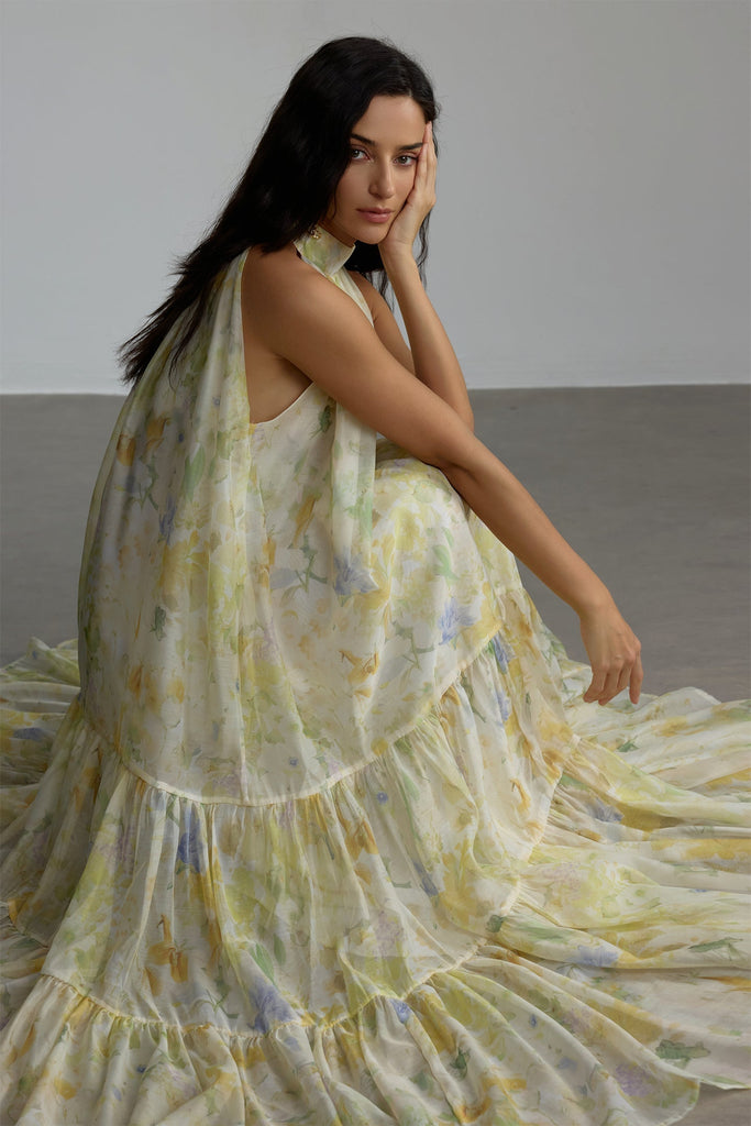 Shop  yellow dress - Perfect for special occasions | caroline Floral Print Sleeveless Maxi Dress in yellow