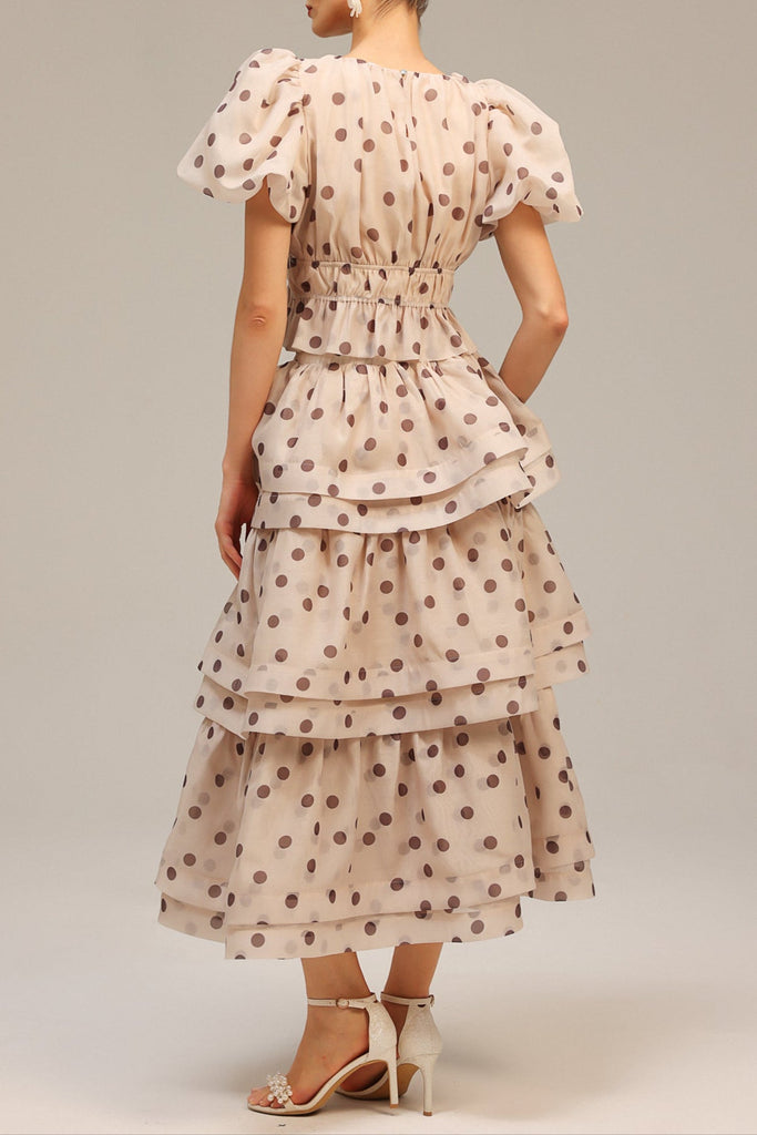 damla beige Puff Sleeves Dot Printed Top And Skirt Two-Piece Set - Stylish beige dress for special occasions | Buy Online