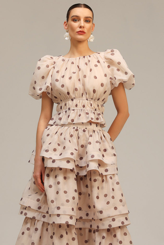Shop  beige dress - Perfect for special occasions | damla beige Puff Sleeves Dot Printed Top And Skirt Two-Piece Set