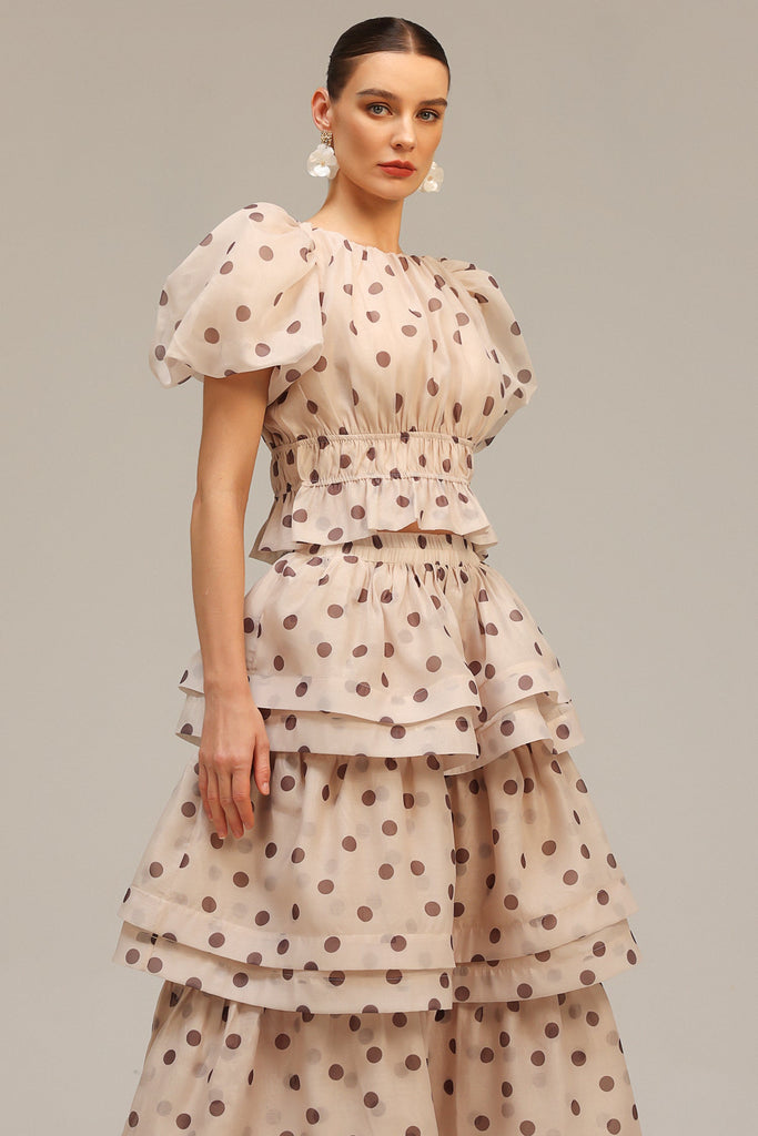 Shop  beige dress - Perfect for special occasions | damla beige Puff Sleeves Dot Printed Top And Skirt Two-Piece Set