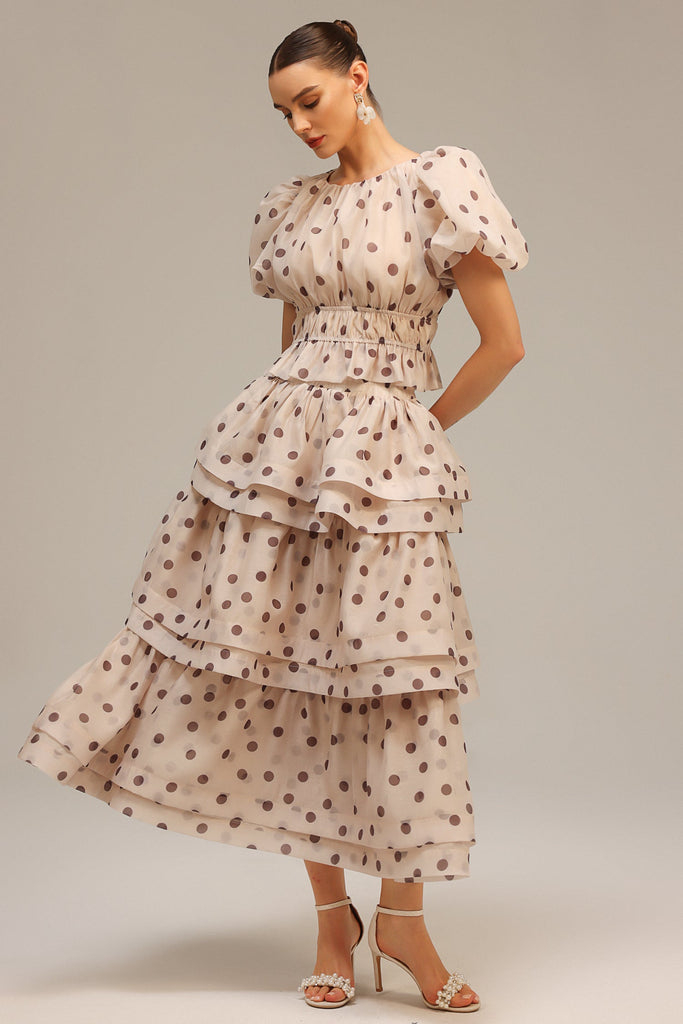 Stylish beige dress | damla beige Puff Sleeves Dot Printed Top And Skirt Two-Piece Set - Ideal for special occasions