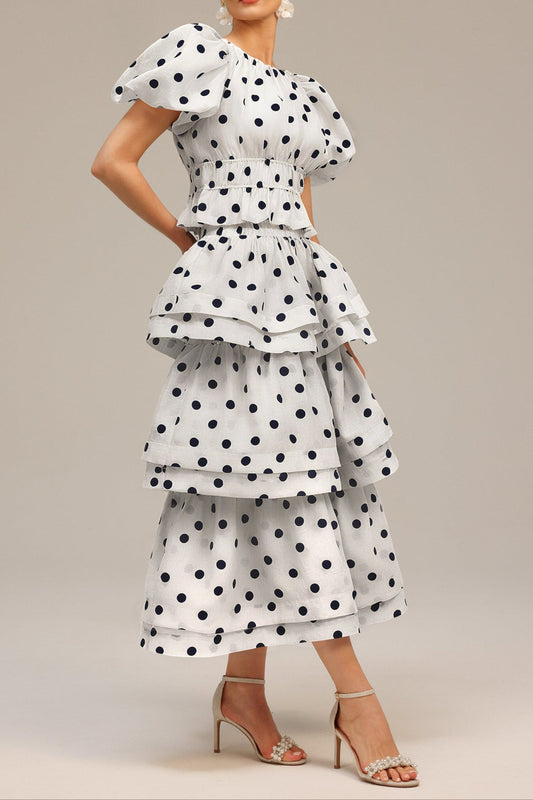 damla white Puff Sleeves Dot Printed Top And Skirt Two-Piece Set