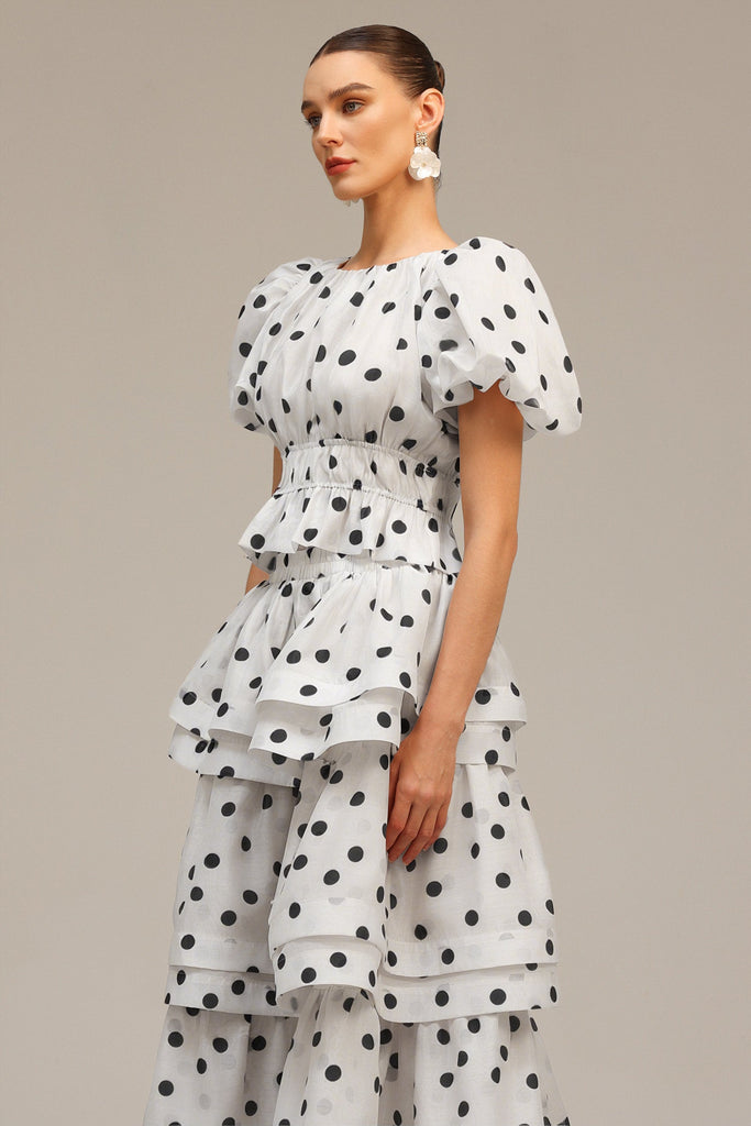 Shop  white dress - Perfect for special occasions | damla white Puff Sleeves Dot Printed Top And Skirt Two-Piece Set