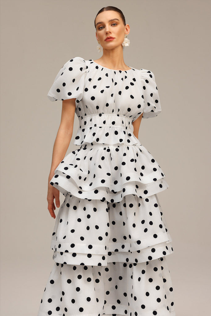 Stylish white dress | damla white Puff Sleeves Dot Printed Top And Skirt Two-Piece Set - Ideal for special occasions