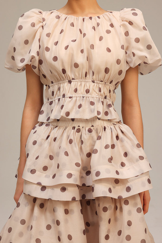 Stylish beige dress | damla beige Puff Sleeves Dot Printed Top And Skirt Two-Piece Set - Ideal for special occasions