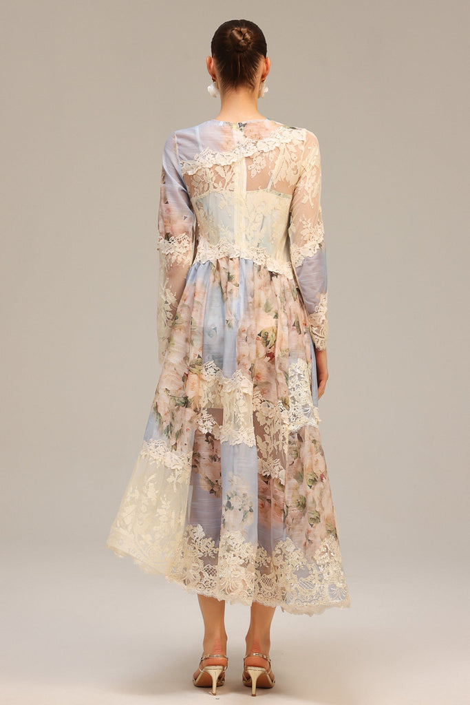 Shop  beautiful dress - Perfect for special occasions | kristin Long Sleeves Floral Printed Asymmetric Lace Maxi Dress