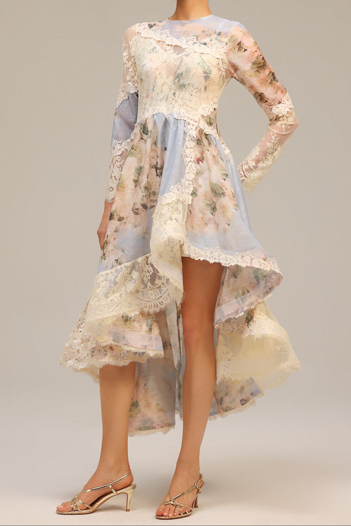 Shop  beautiful dress - Perfect for special occasions | kristin Long Sleeves Floral Printed Asymmetric Lace Maxi Dress