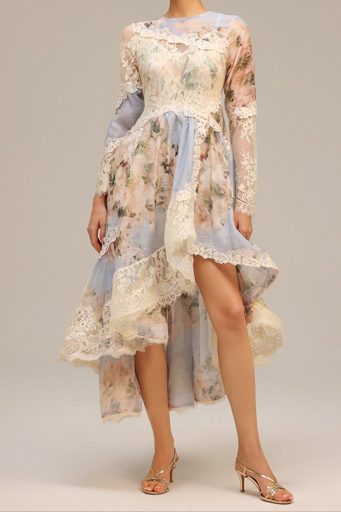 Shop  beautiful dress - Perfect for special occasions | kristin Long Sleeves Floral Printed Asymmetric Lace Maxi Dress