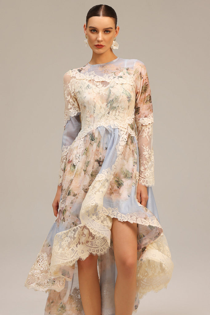 Stylish beautiful dress | kristin Long Sleeves Floral Printed Asymmetric Lace Maxi Dress - Ideal for special occasions