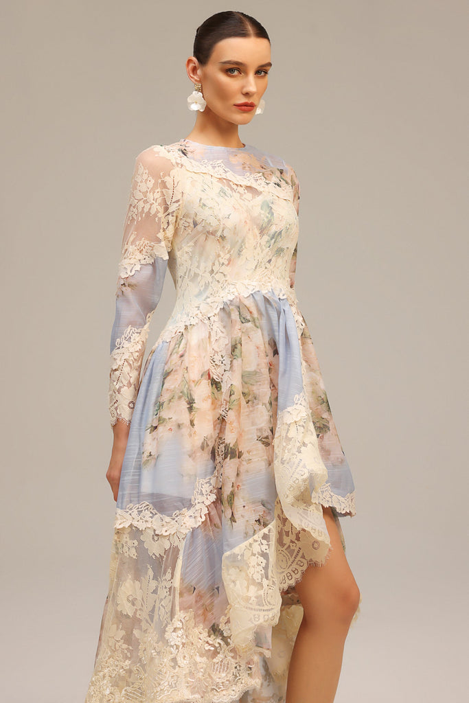 Shop  beautiful dress - Perfect for special occasions | kristin Long Sleeves Floral Printed Asymmetric Lace Maxi Dress