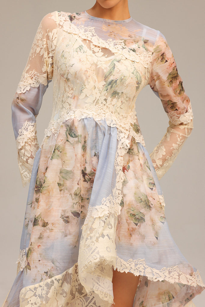 Stylish beautiful dress | kristin Long Sleeves Floral Printed Asymmetric Lace Maxi Dress - Ideal for special occasions