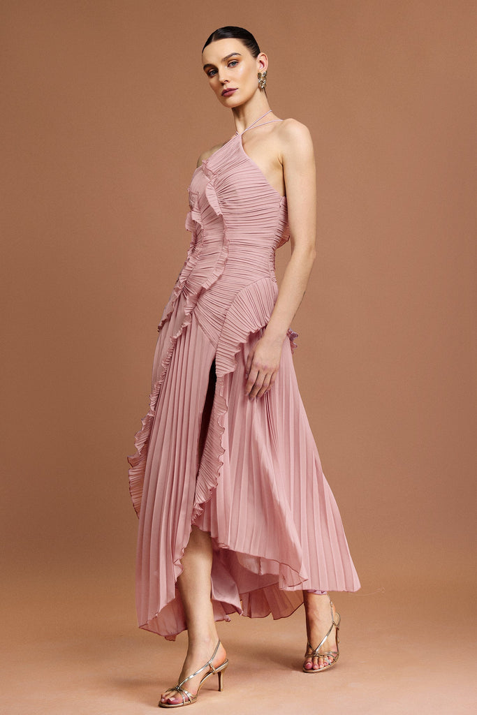 alva Sleeveless Folds Slit Maxi Dress in light pink - Stylish pink dress for special occasions | Buy Online