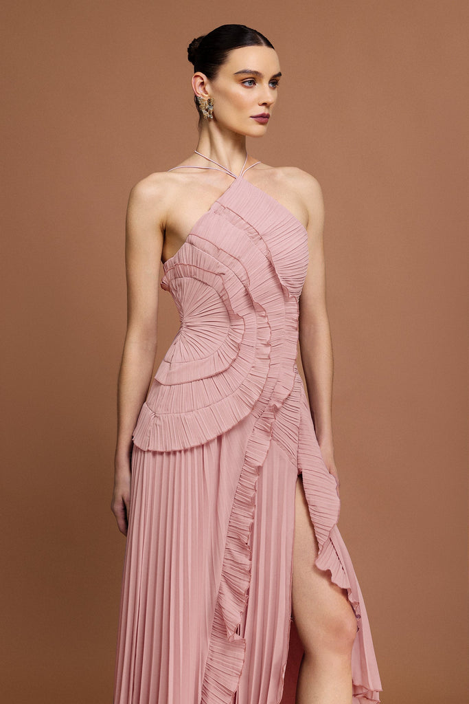 alva Sleeveless Folds Slit Maxi Dress in light pink - Stylish pink dress for special occasions | Buy Online