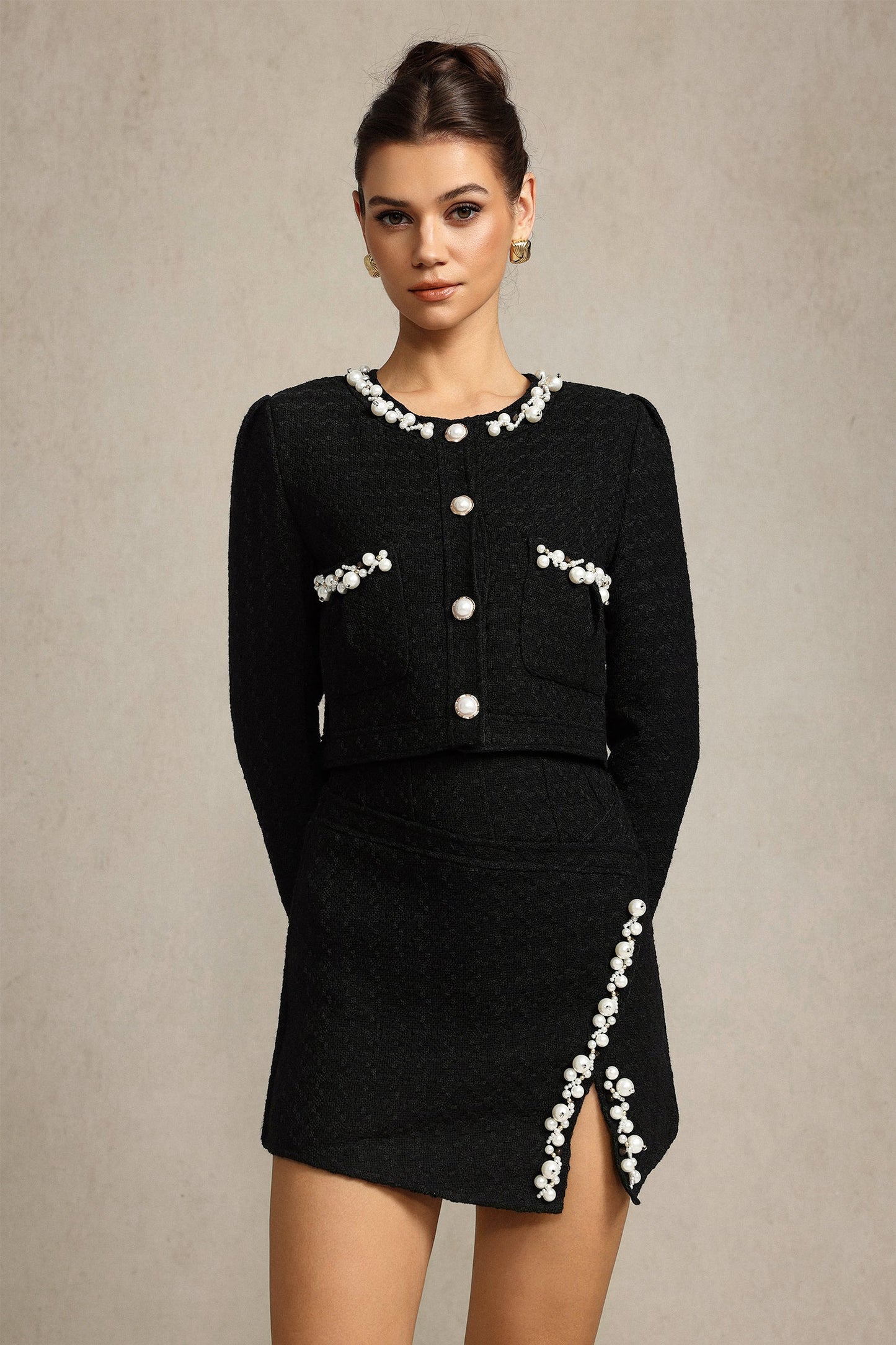 iris Long Sleeves Pearl Top And Skirt Two-Piece Set
