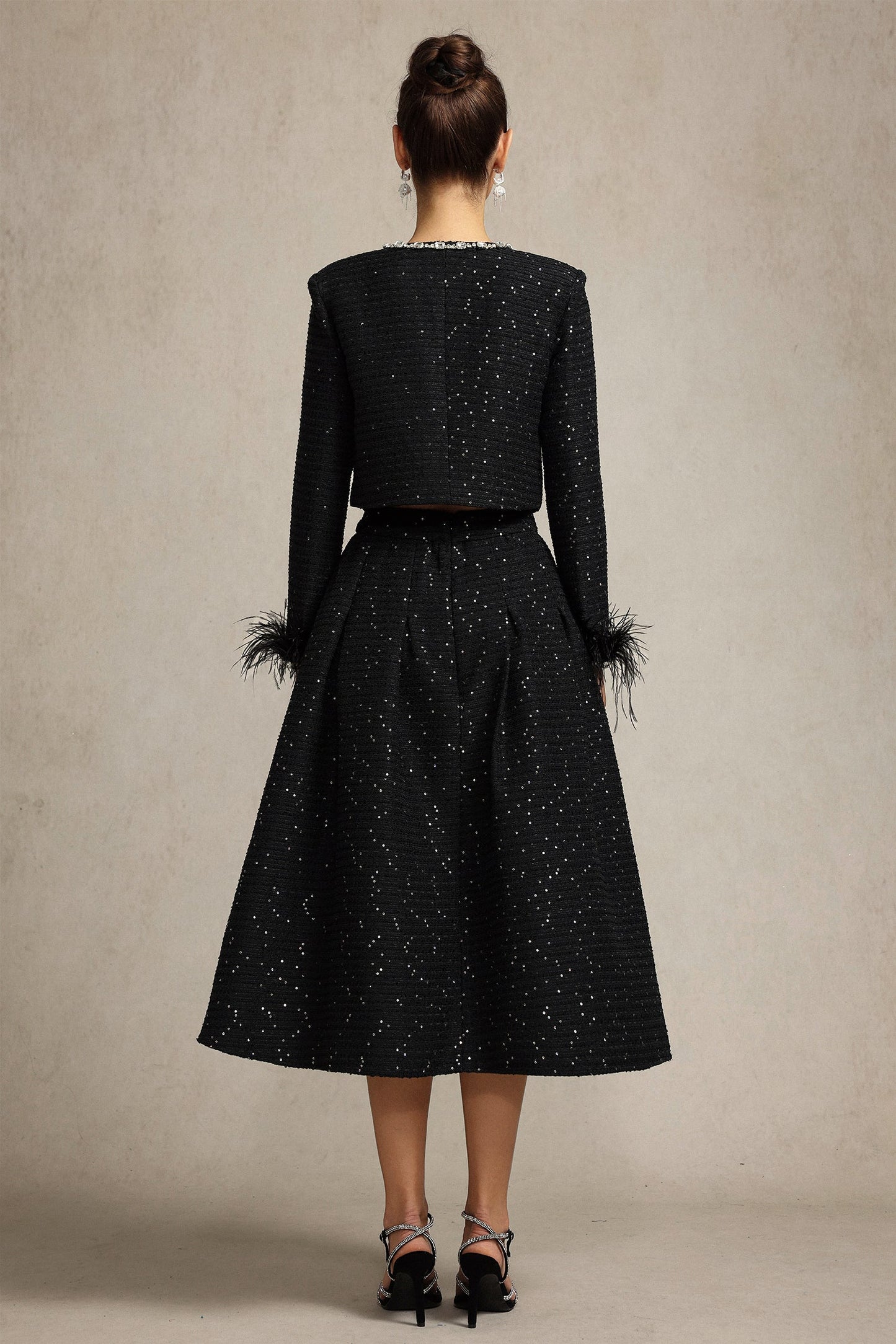 josephine Round Neck Long Sleeves Diamond Artificial Feather Black Top And Skirt Two-Piece Set