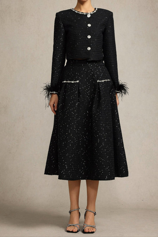 josephine Round Neck Long Sleeves Diamond Artificial Feather Black Top And Skirt Two-Piece Set