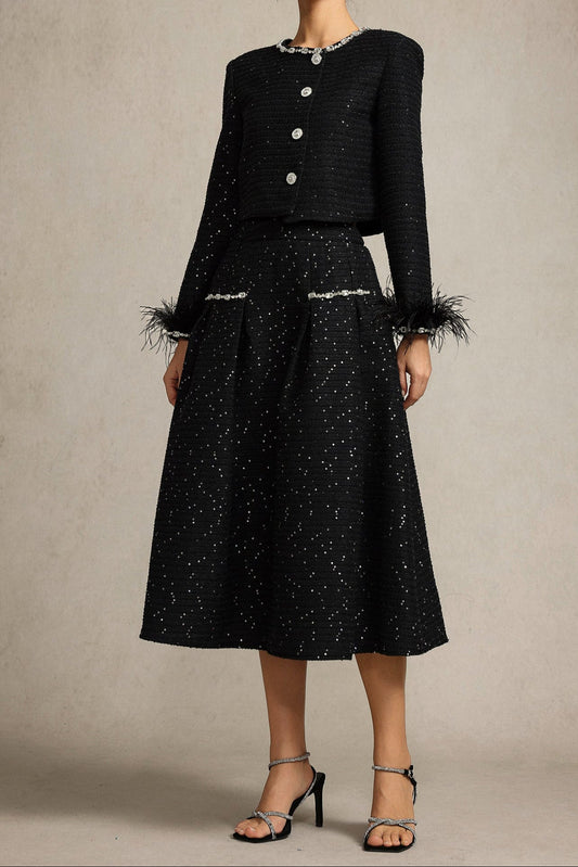 josephine Round Neck Long Sleeves Diamond Artificial Feather Black Top And Skirt Two-Piece Set