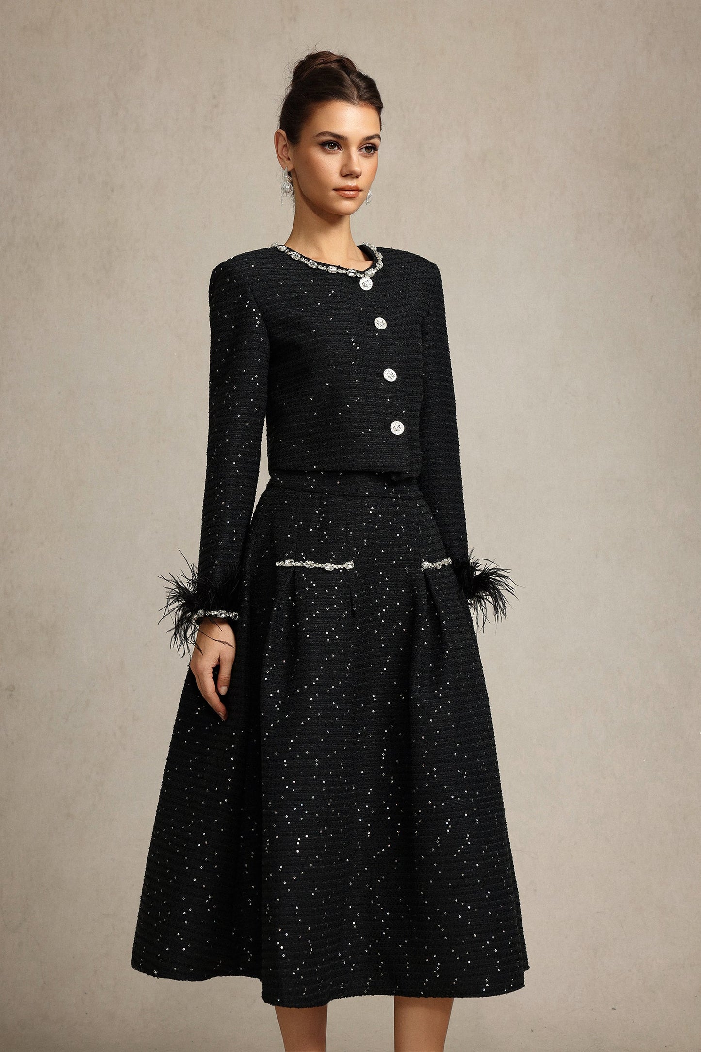 josephine Round Neck Long Sleeves Diamond Artificial Feather Black Top And Skirt Two-Piece Set