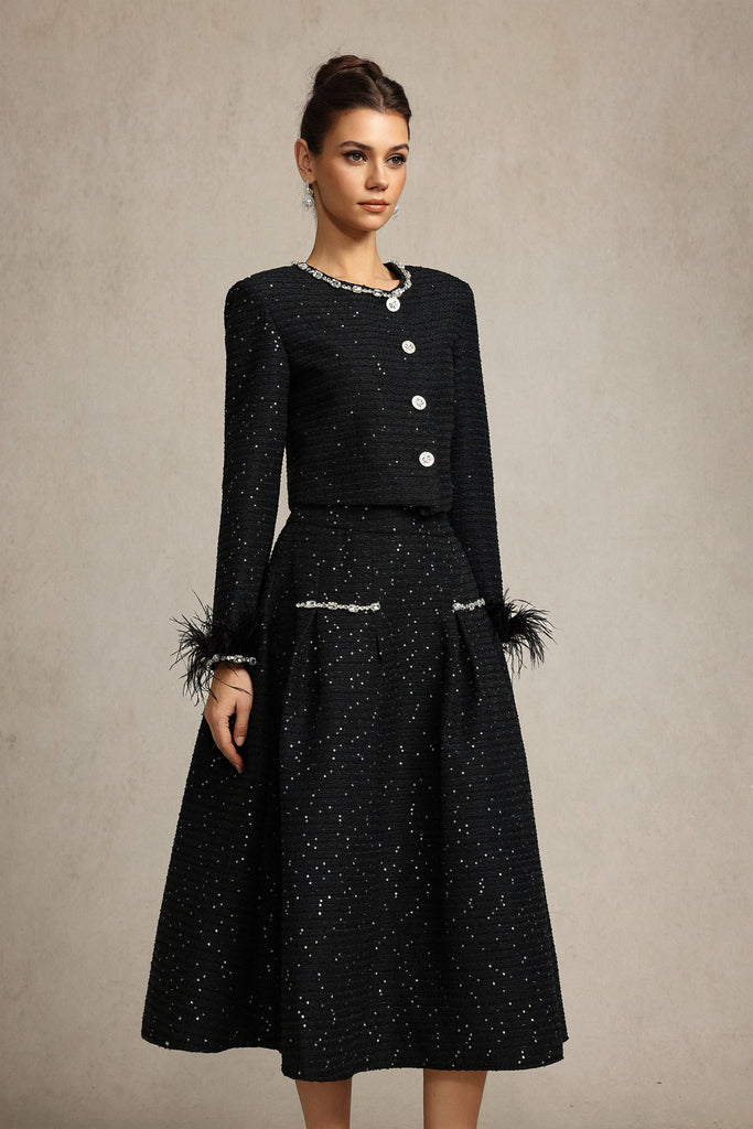 Shop  black dress - Perfect for special occasions | josephine Round Neck Long Sleeves Diamond Artificial Feather Black Top And Skirt Two-Piece Set