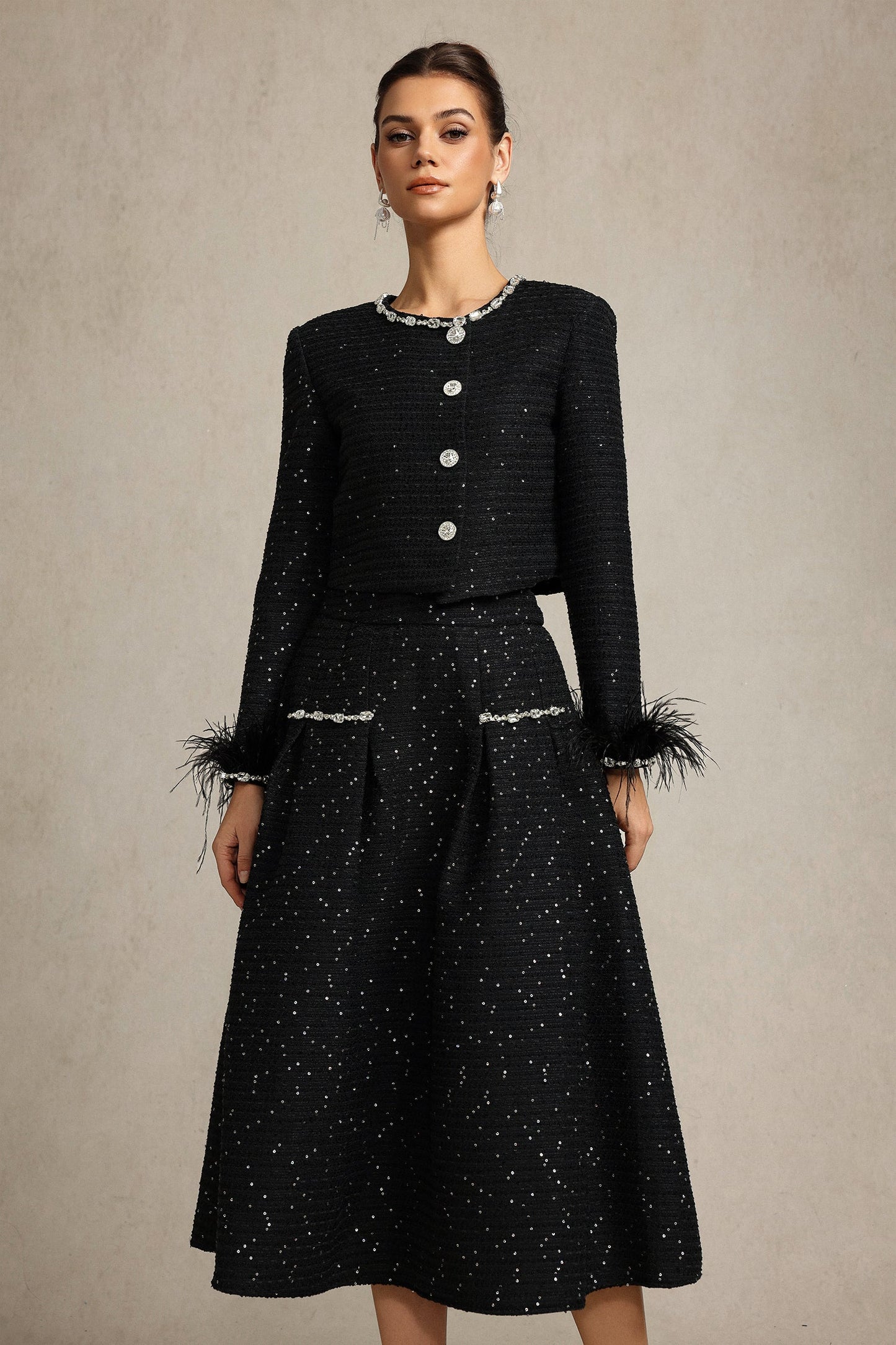 josephine Round Neck Long Sleeves Diamond Artificial Feather Black Top And Skirt Two-Piece Set