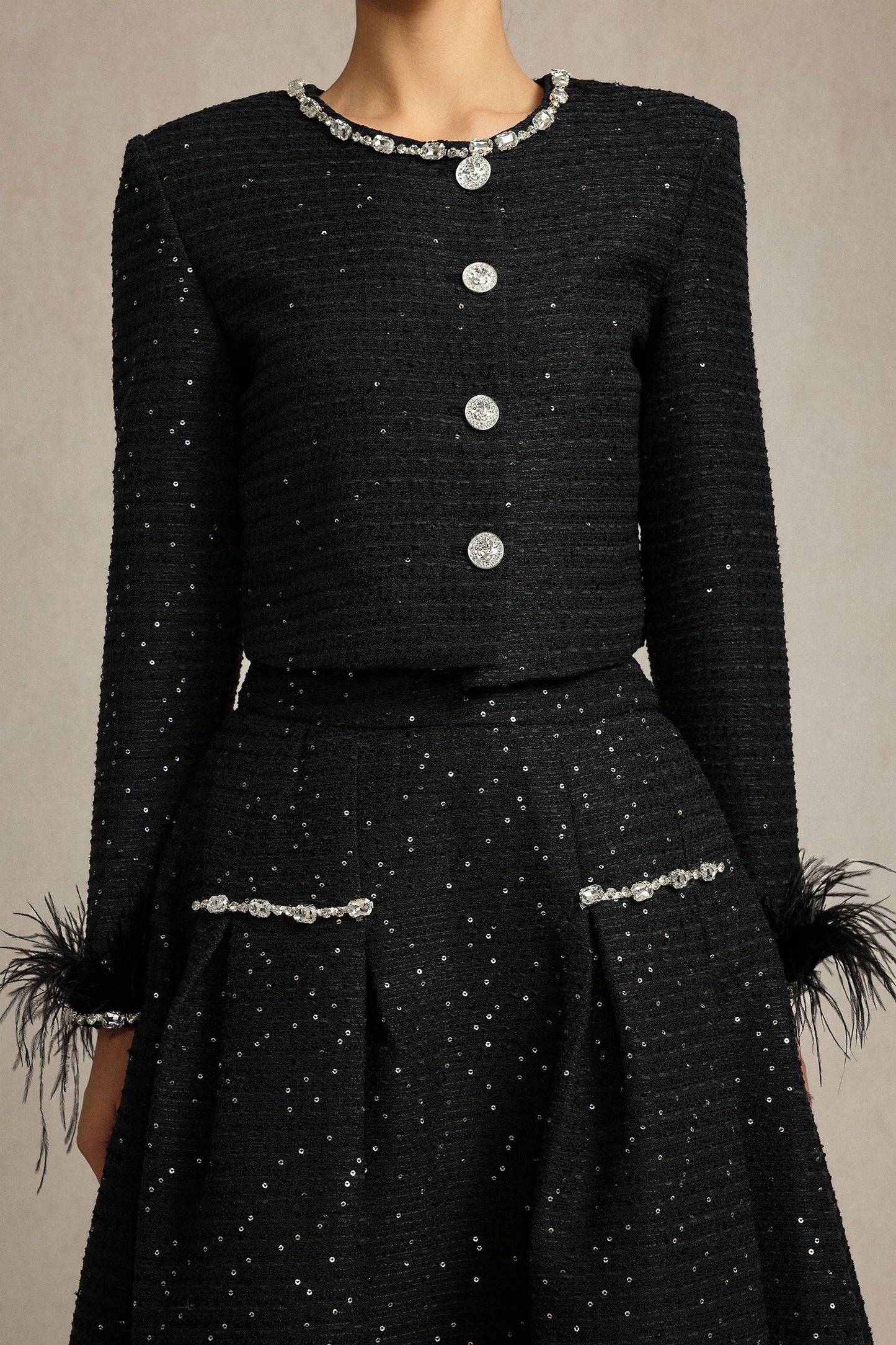 josephine Round Neck Long Sleeves Diamond Artificial Feather Black Top And Skirt Two-Piece Set