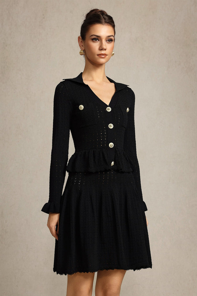 Stylish black dress | laurel Long Sleeves Folds Black Mini Dress - Ideal for special occasions