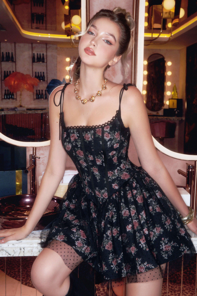 Shop  black dress - Perfect for special occasions | Jubin Mesh printed fishbone mini dress in black