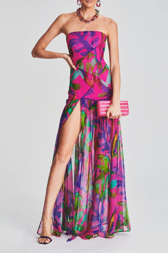 Stylish red dress | FLORAL-PRINT SILK CHIFFON MAXI DRESS IN RED - Ideal for special occasions