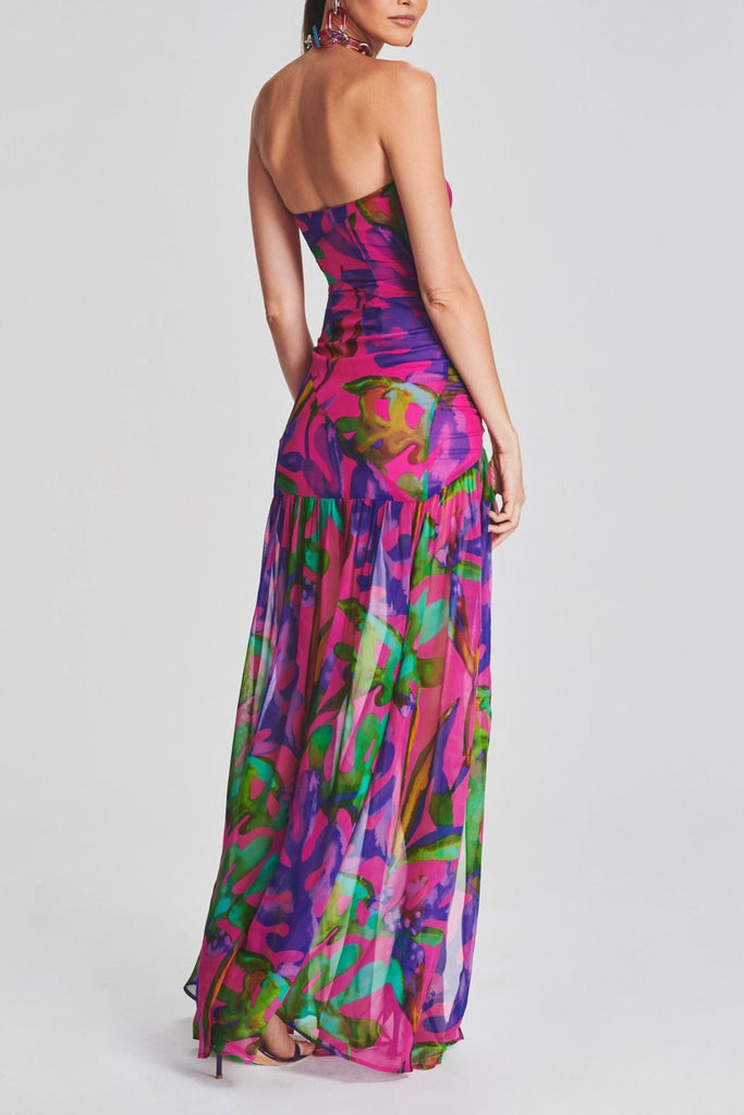 Stylish red dress | FLORAL-PRINT SILK CHIFFON MAXI DRESS IN RED - Ideal for special occasions