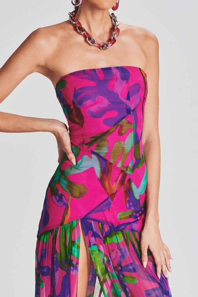 FLORAL-PRINT SILK CHIFFON MAXI DRESS IN RED - Stylish red dress for special occasions | Buy Online