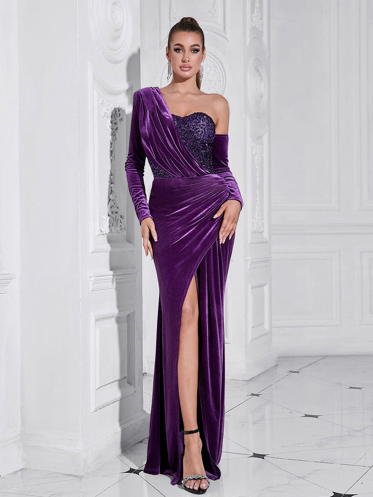 Stylish purple dress | one shoulder sequin-embellished velvet maxi dress in purple - Ideal for special occasions