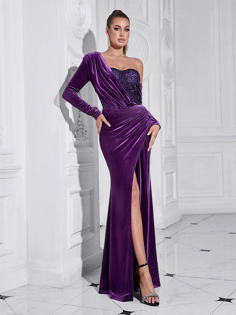 Stylish purple dress | one shoulder sequin-embellished velvet maxi dress in purple - Ideal for special occasions