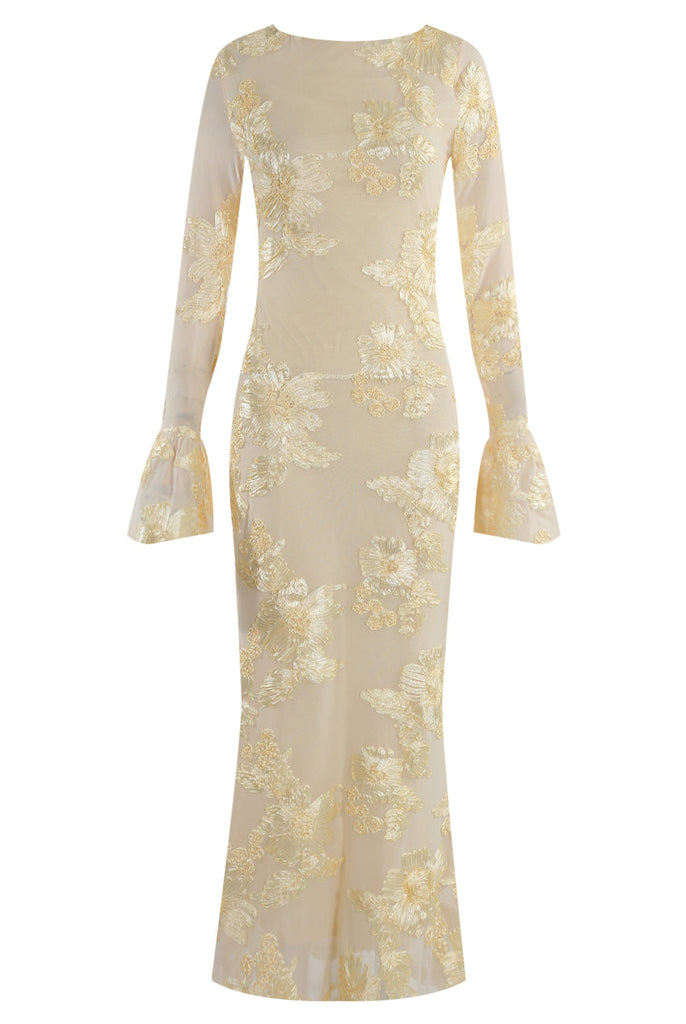 Stylish beautiful dress | Floral Lace Lined Flute Cuffs Midi Dress - Ideal for special occasions