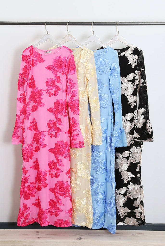 Floral Lace Lined Flute Cuffs Midi Dress - Stylish beautiful dress for special occasions | Buy Online