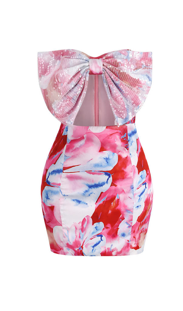 Shop  beautiful dress - Perfect for special occasions | STRAPLESS LARGE BOW DECORATED PRINTED HIP MINI DRESS