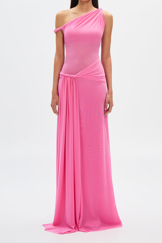 kama one-shoulder pleated draped maxi dress in pink