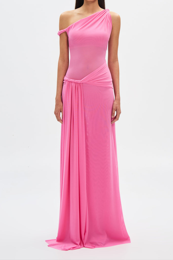 kama one-shoulder pleated draped maxi dress in pink - Stylish pink dress for special occasions | Buy Online