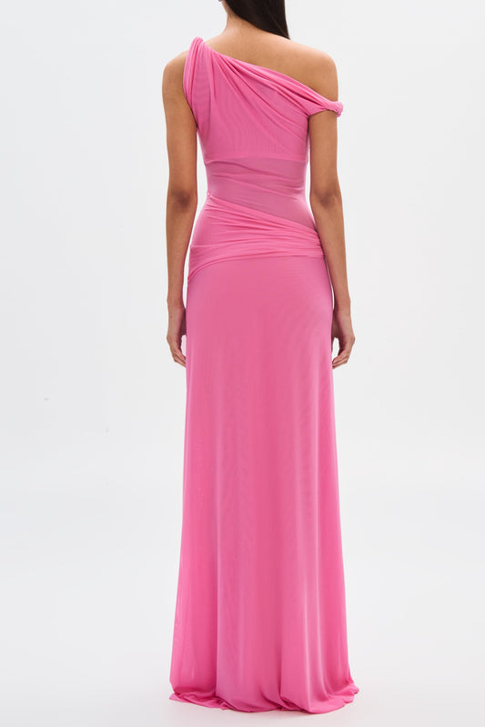 kama one-shoulder pleated draped maxi dress in pink