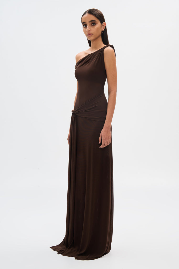 kama one-shoulder pleated draped maxi dress in brown - Stylish brown dress for special occasions | Buy Online