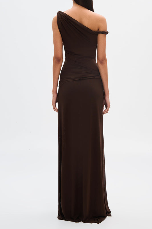 kama one-shoulder pleated draped maxi dress in brown
