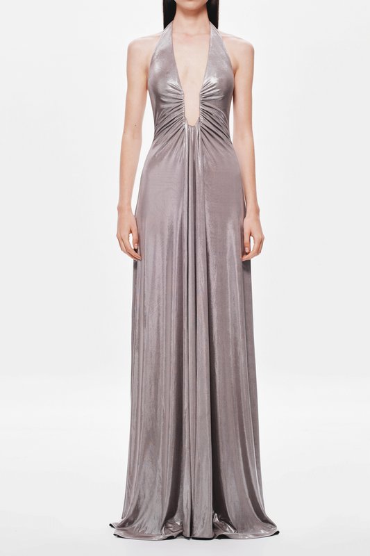 lauren halter deep v-neck pleated backless maxi dress in silver