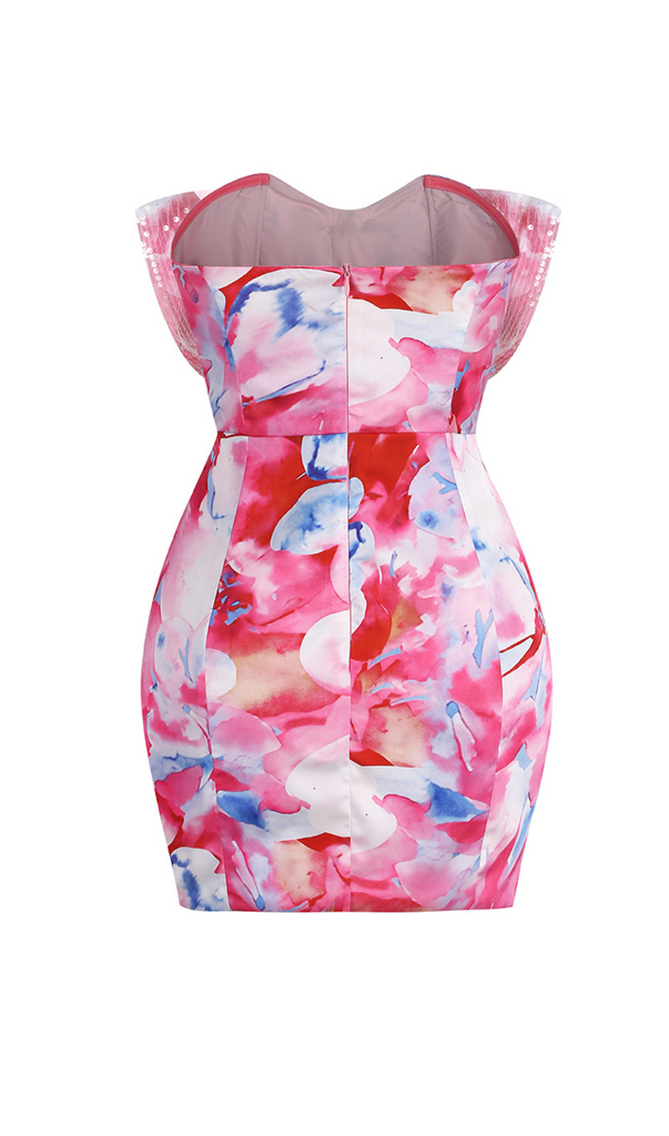 Stylish beautiful dress | STRAPLESS LARGE BOW DECORATED PRINTED HIP MINI DRESS - Ideal for special occasions