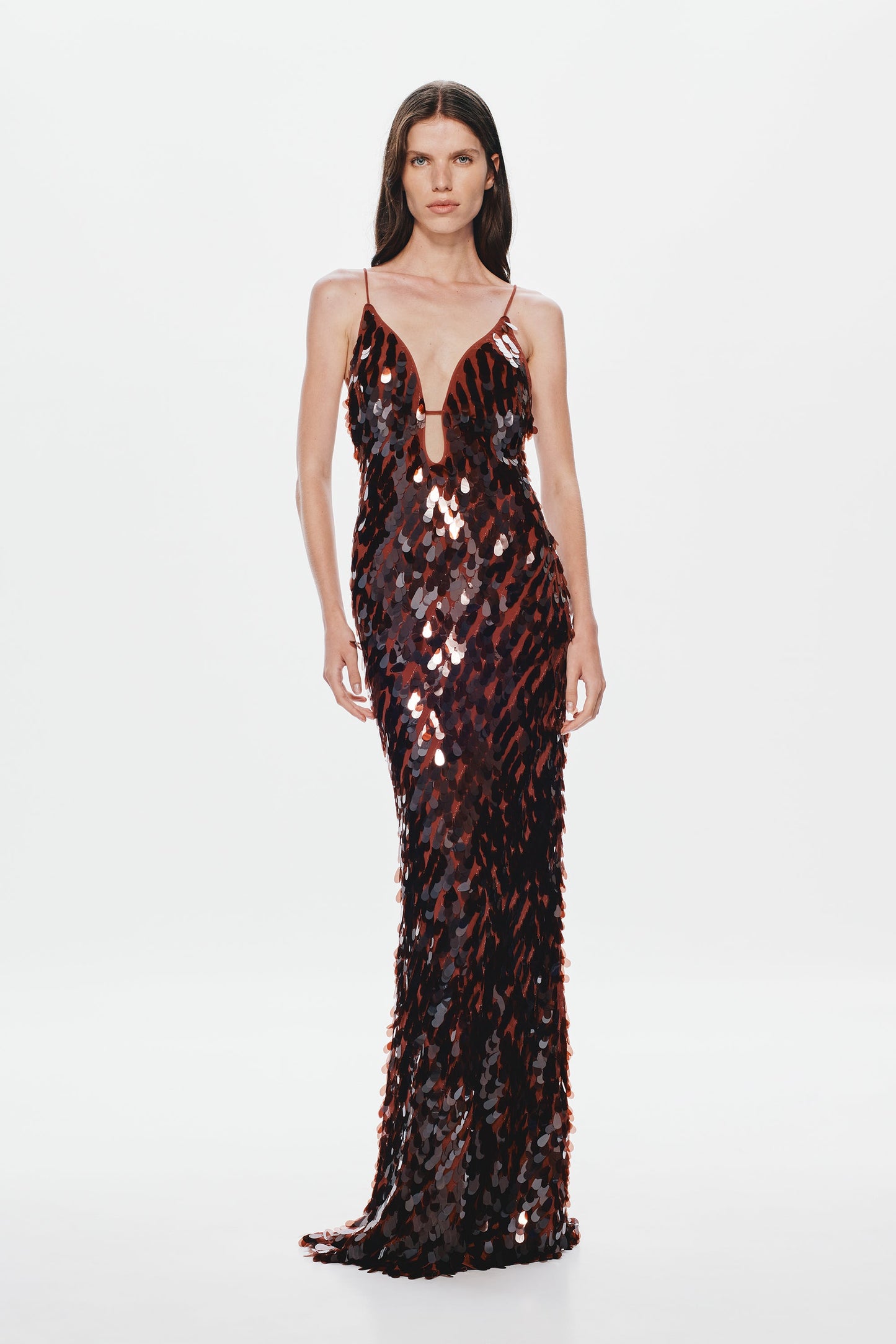 katherine halter deep v-neck sequin backless maxi dress in dark brown