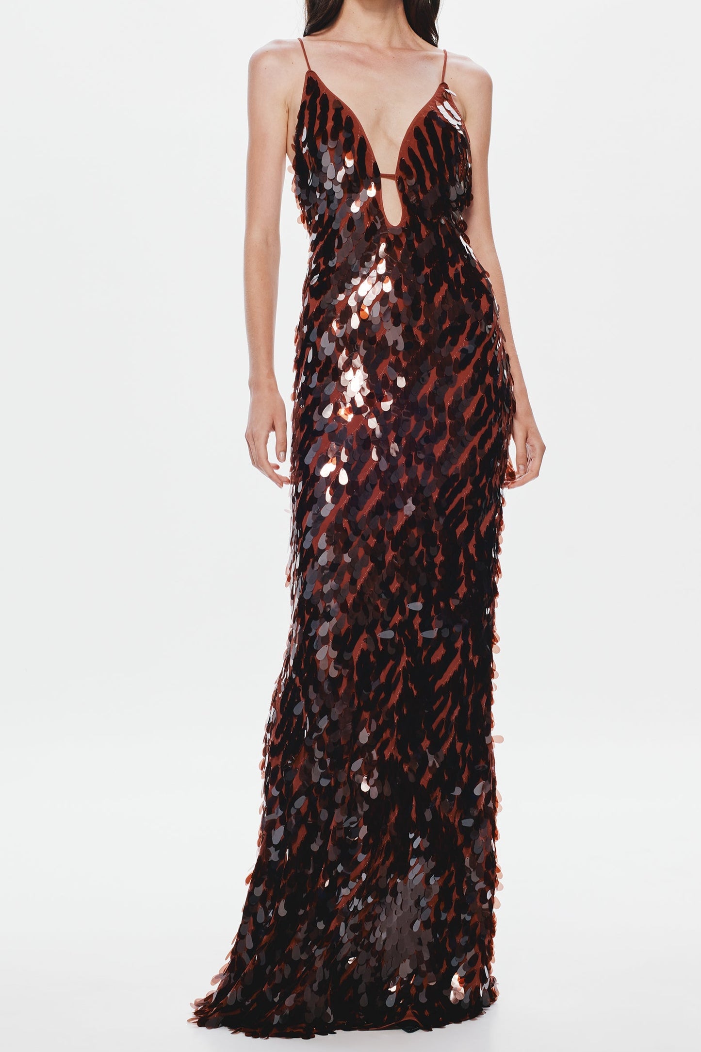 katherine halter deep v-neck sequin backless maxi dress in dark brown