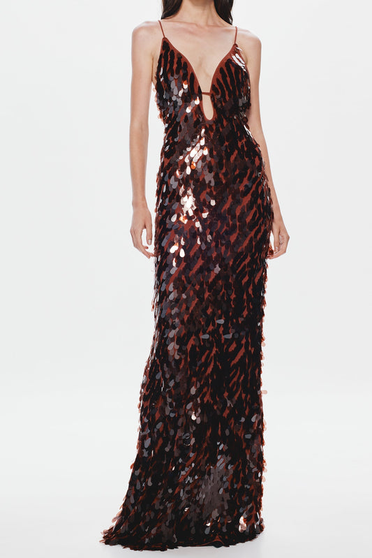 katherine halter deep v-neck sequin backless maxi dress in dark brown