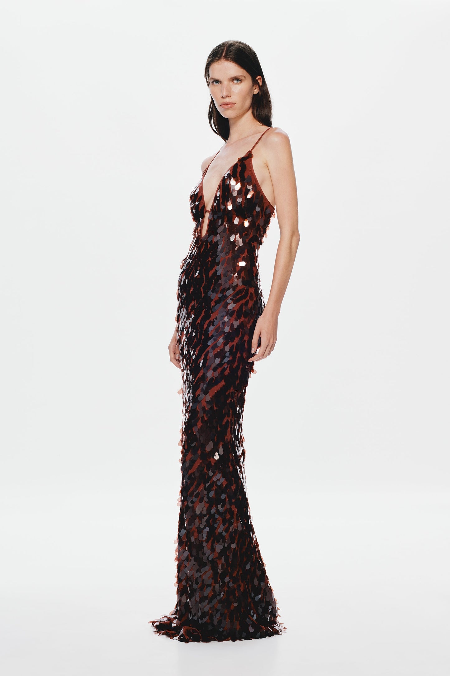 katherine halter deep v-neck sequin backless maxi dress in dark brown
